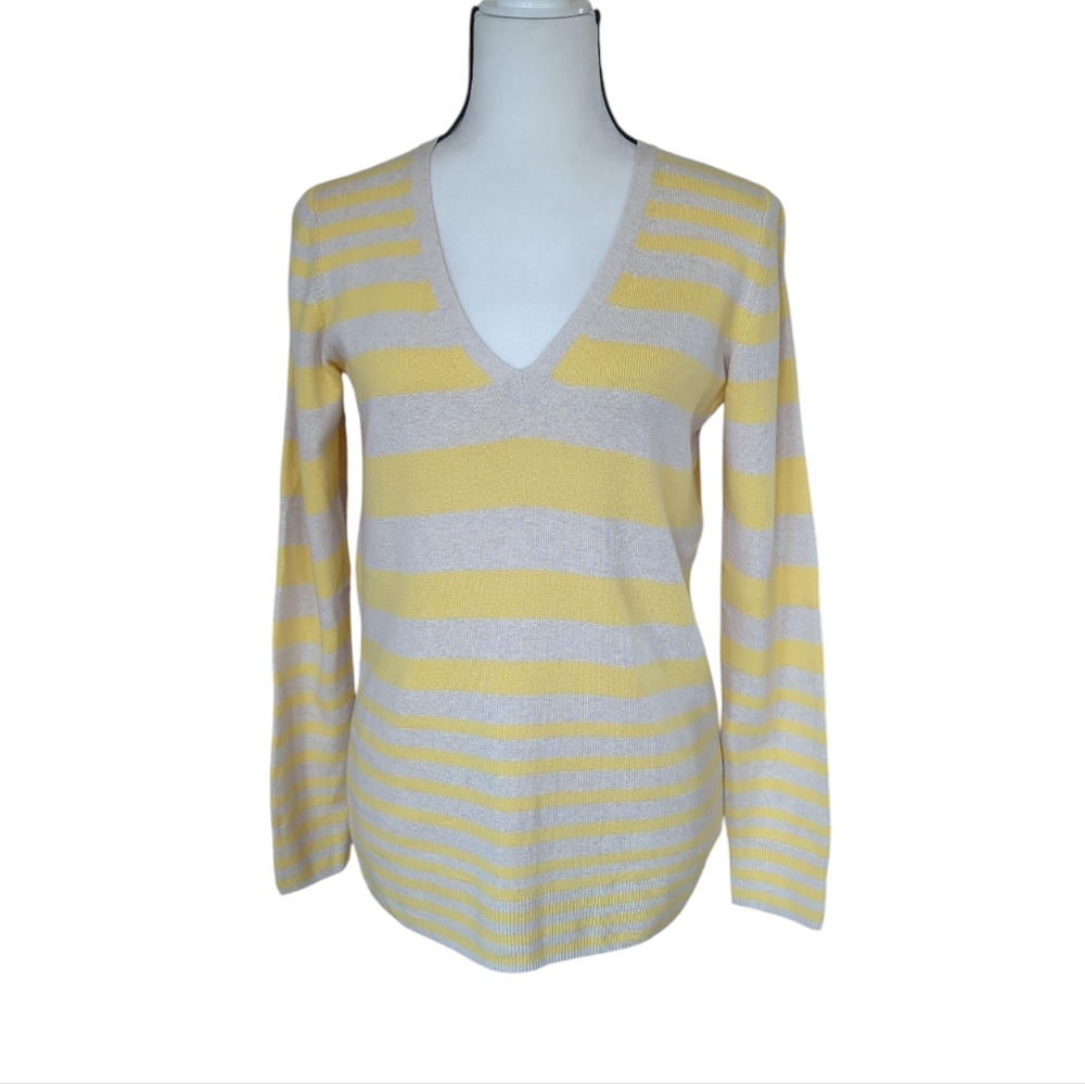 GAP Striped Silk Blend Heathered Pullover Sweater MEDIUM Yellow Creamy/Tan